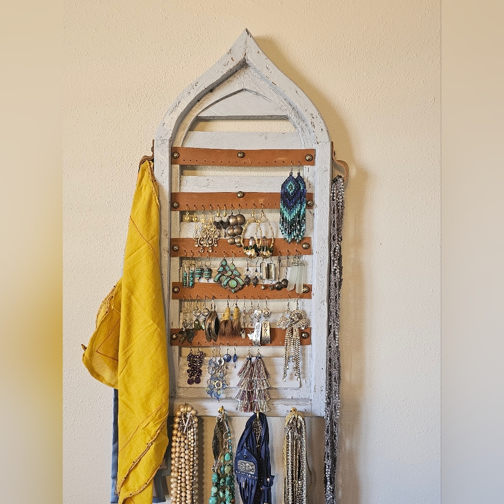Hand Made Bluebird &The Dream Wood, Leather and Brass Tacks Jewelry Organizer
